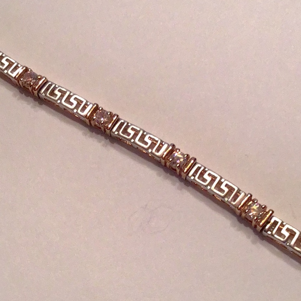 New Fashion Greek Motif Bracelet.7”L Silver Tone Clear CZ’S,gold tone accents - Picture 2 of 4